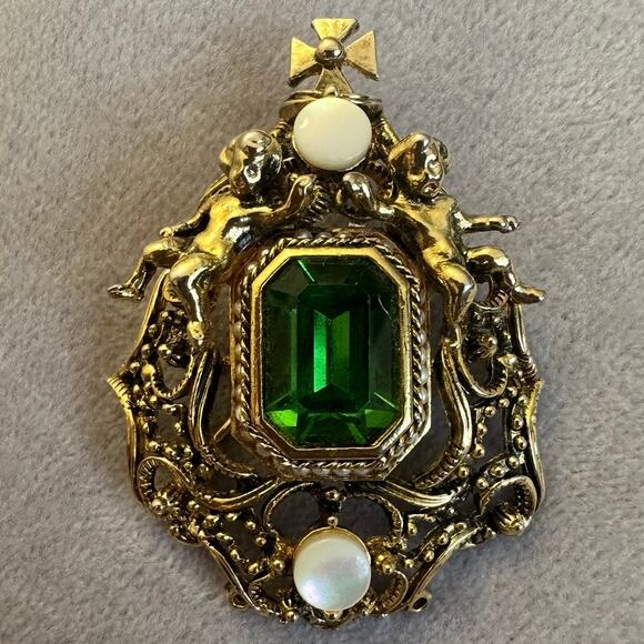 Very Rare Vintage Elizabeth Reimer Arcansas Cherubs Ornate Pendant Brooch - Picture 1 of 10